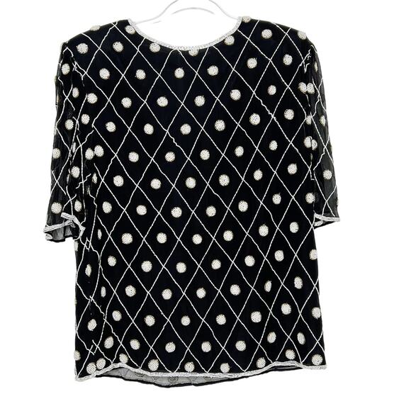 VINTAGE Beaded Short Sleeve Blouse Crew Neck Embellished Black White Size Large - Picture 1 of 7